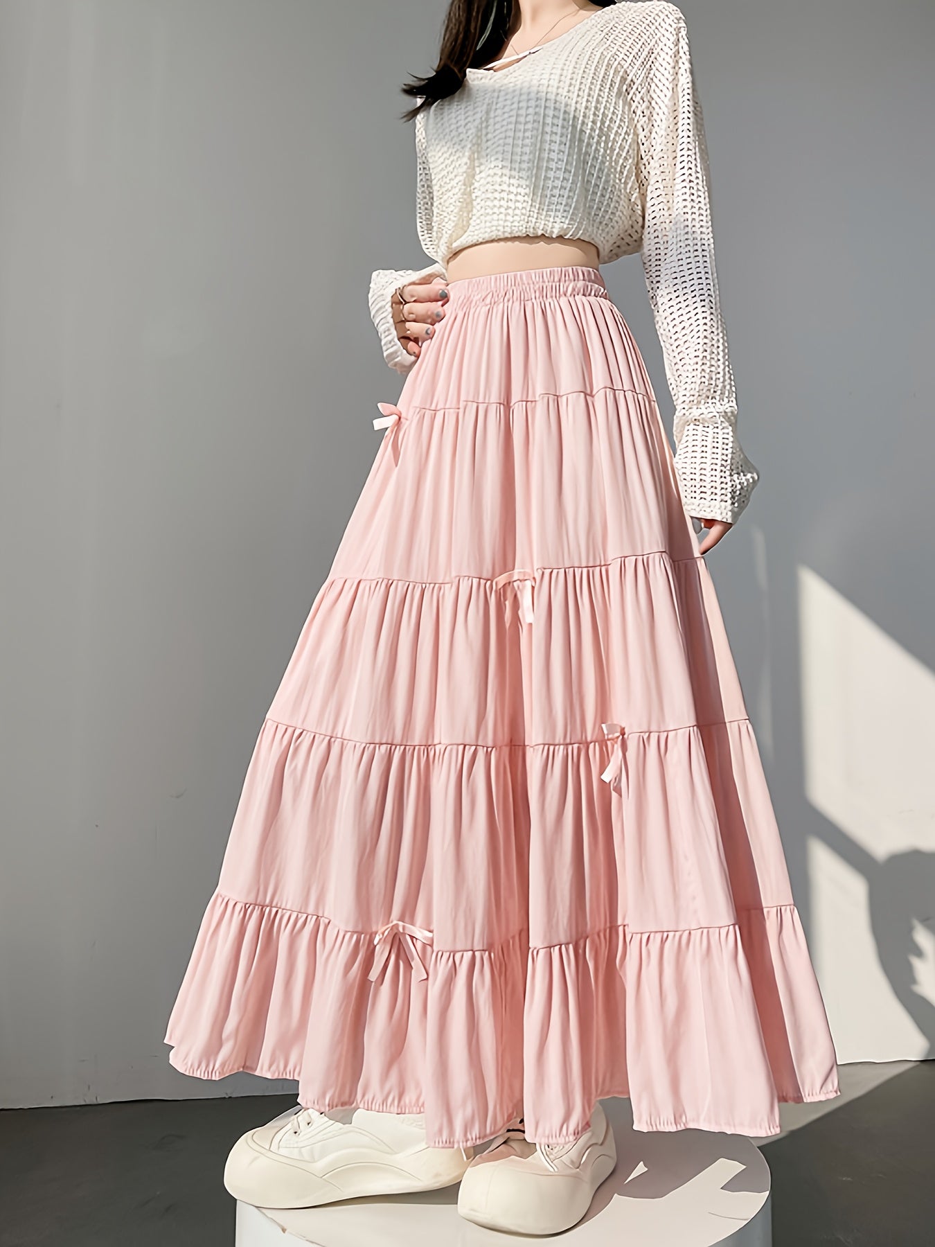 Women's Pastel Pink Tiered Midi Skirt High-Waisted Flowy A-Line