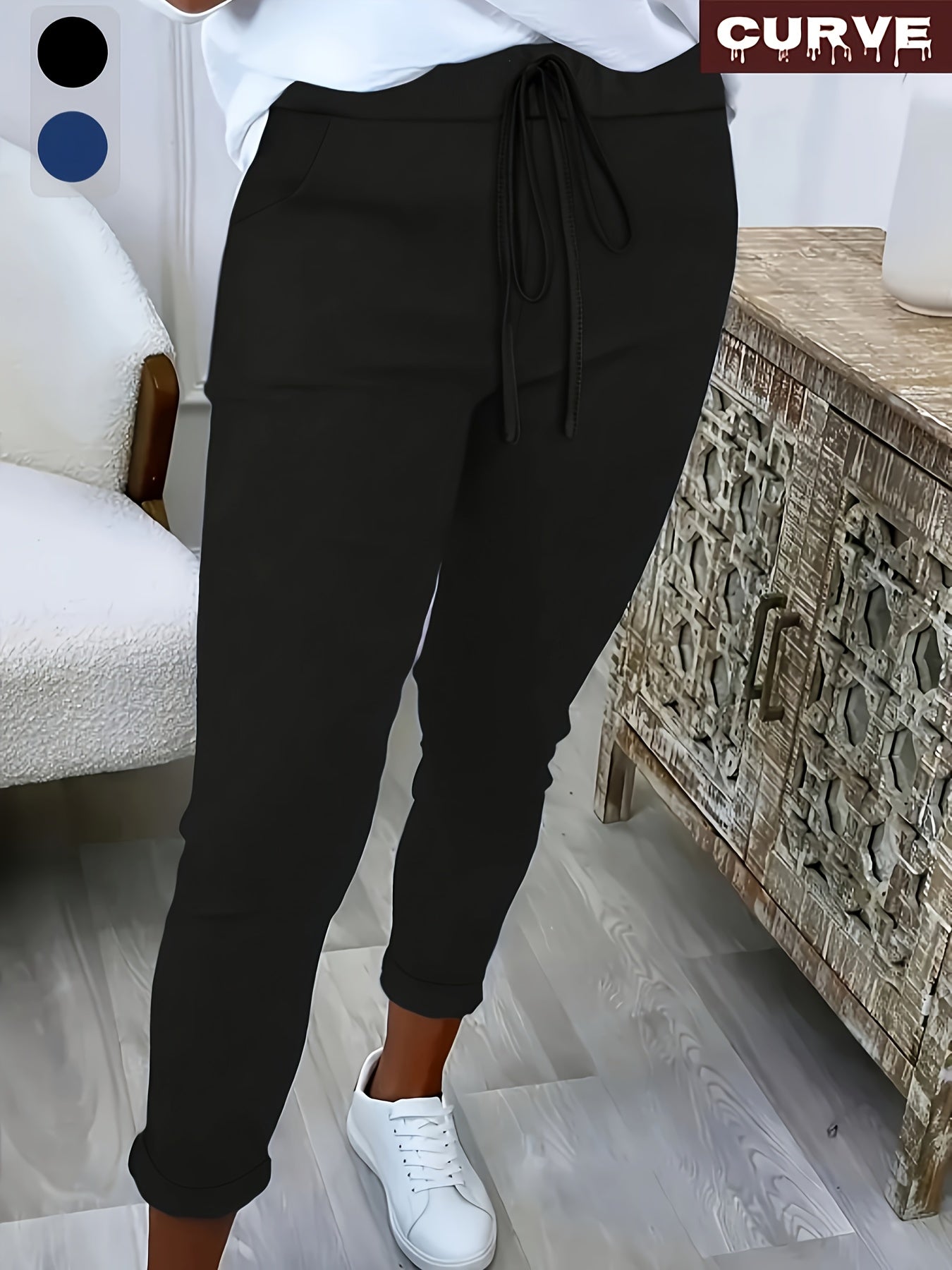 Pantalones rectos de color sólido para mujer talla plus con bolsillos y cordón para uso casual