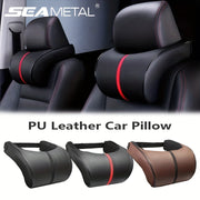 Faux Leather Car Headrest Pillow Memory Foam Cushion for Vehicle Seat Red Stitching