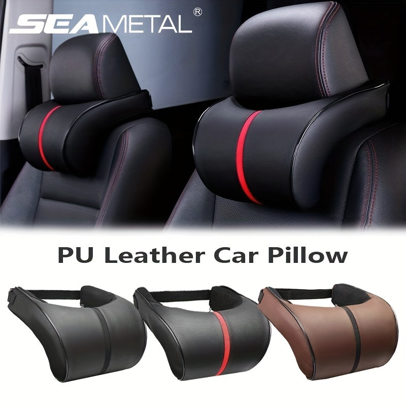 Faux Leather Car Headrest Pillow Memory Foam Cushion for Vehicle Seat Red Stitching
