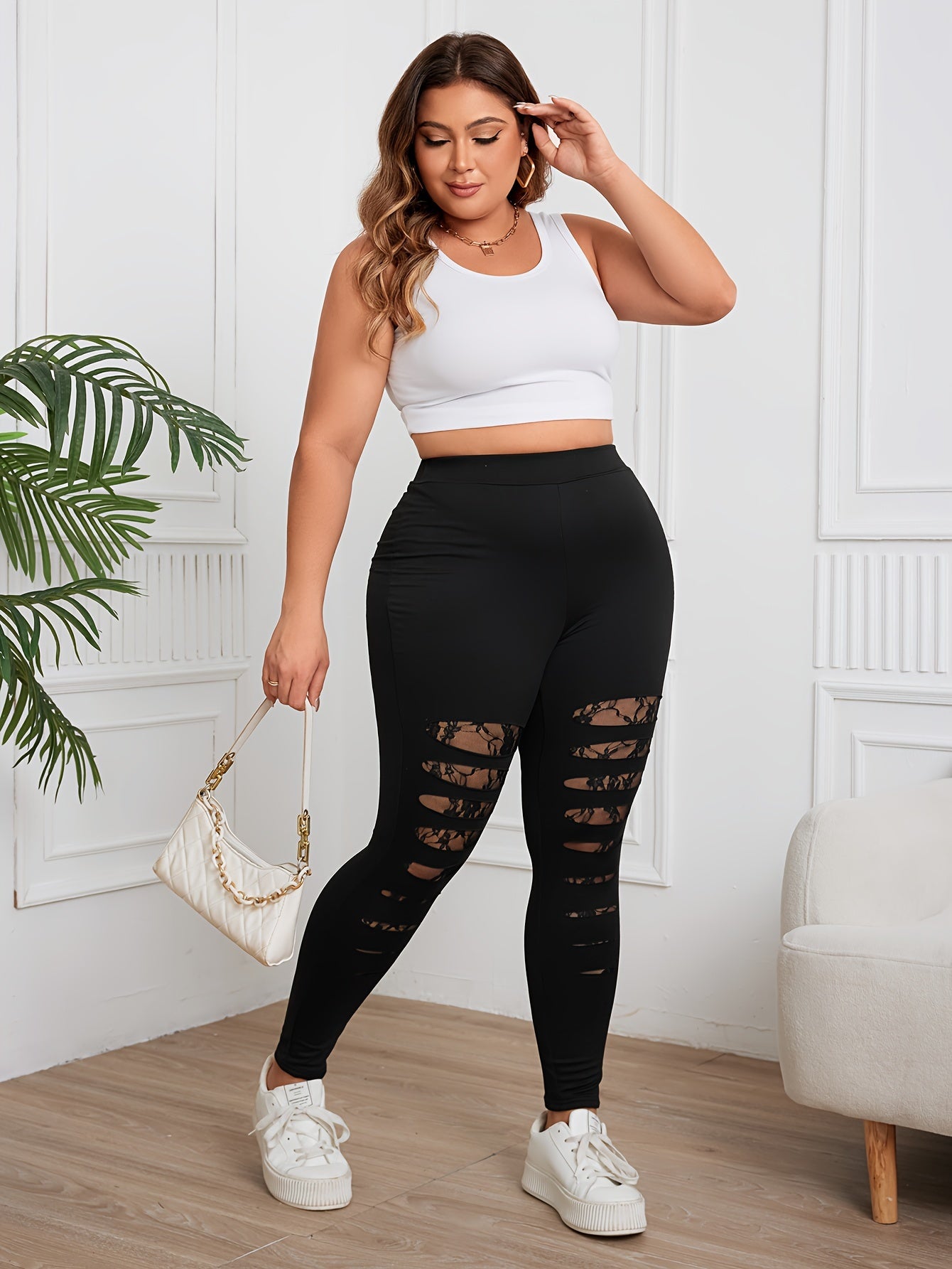 Women Plus Size High-Waisted Black Lace-Paneled Stretch Leggings