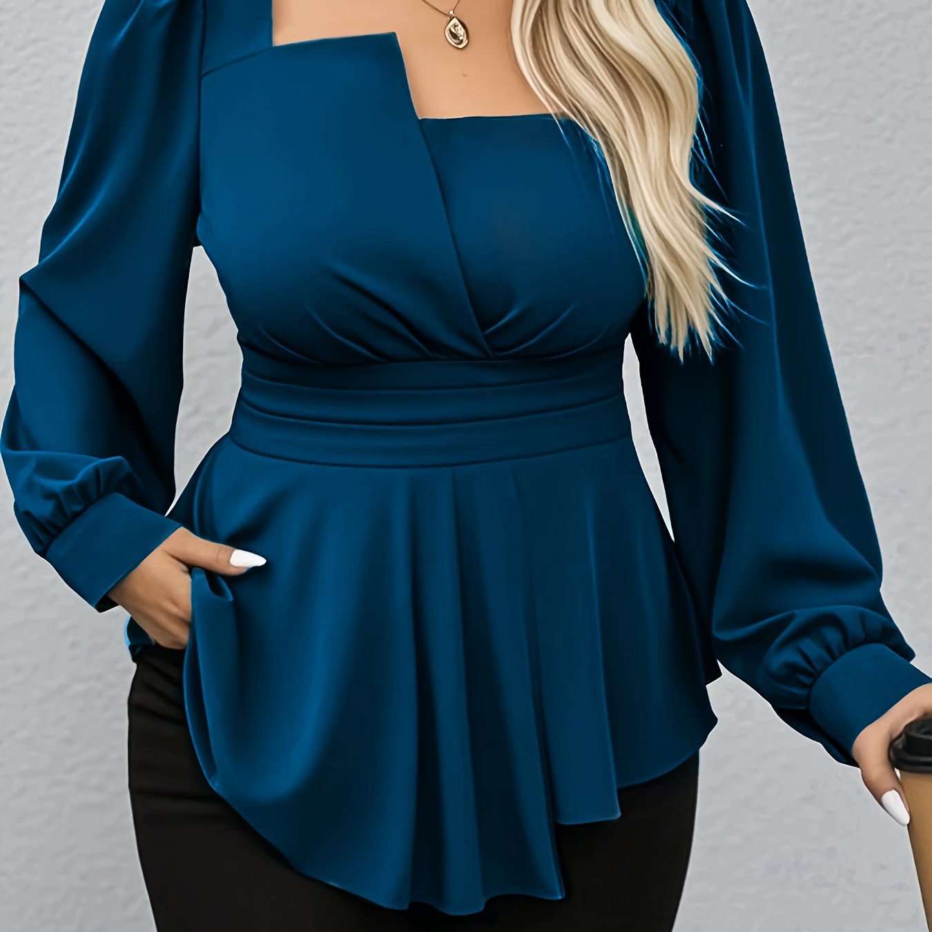 Plus Size Womens Teal Square Neck Long Sleeve Blouse Casual Formal