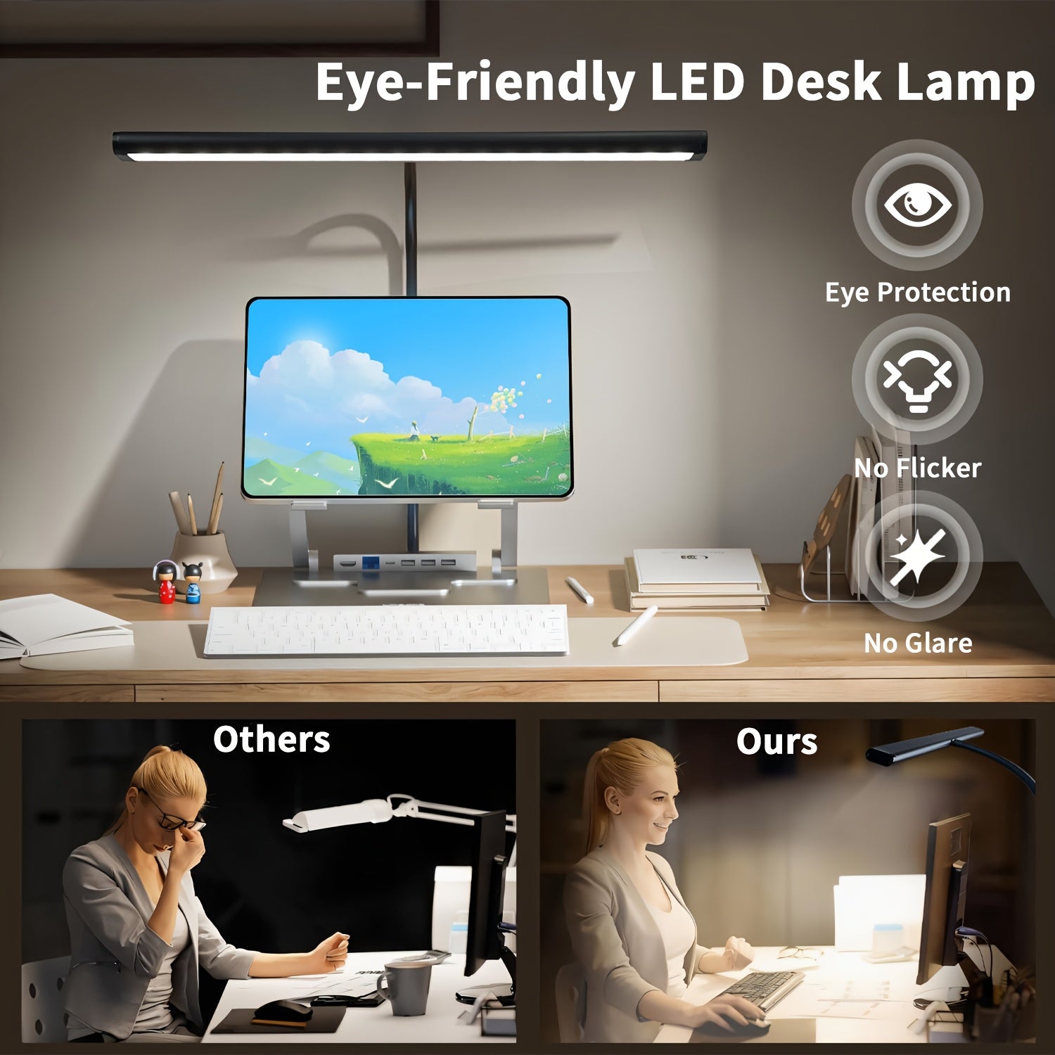 Qora LED ish stoli lampasi bilan qisqich, sozlanadigan yoritish va USB quvvatlantirish