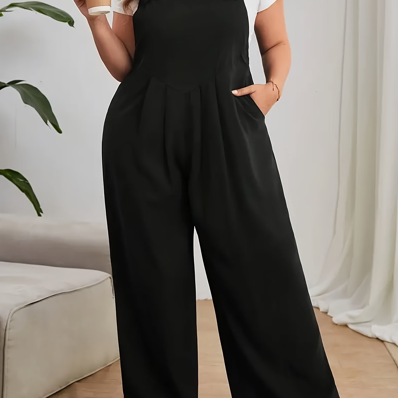 Pantalones de mono para mujer talla grande con bolsillos, tirantes ajustables y piernas anchas