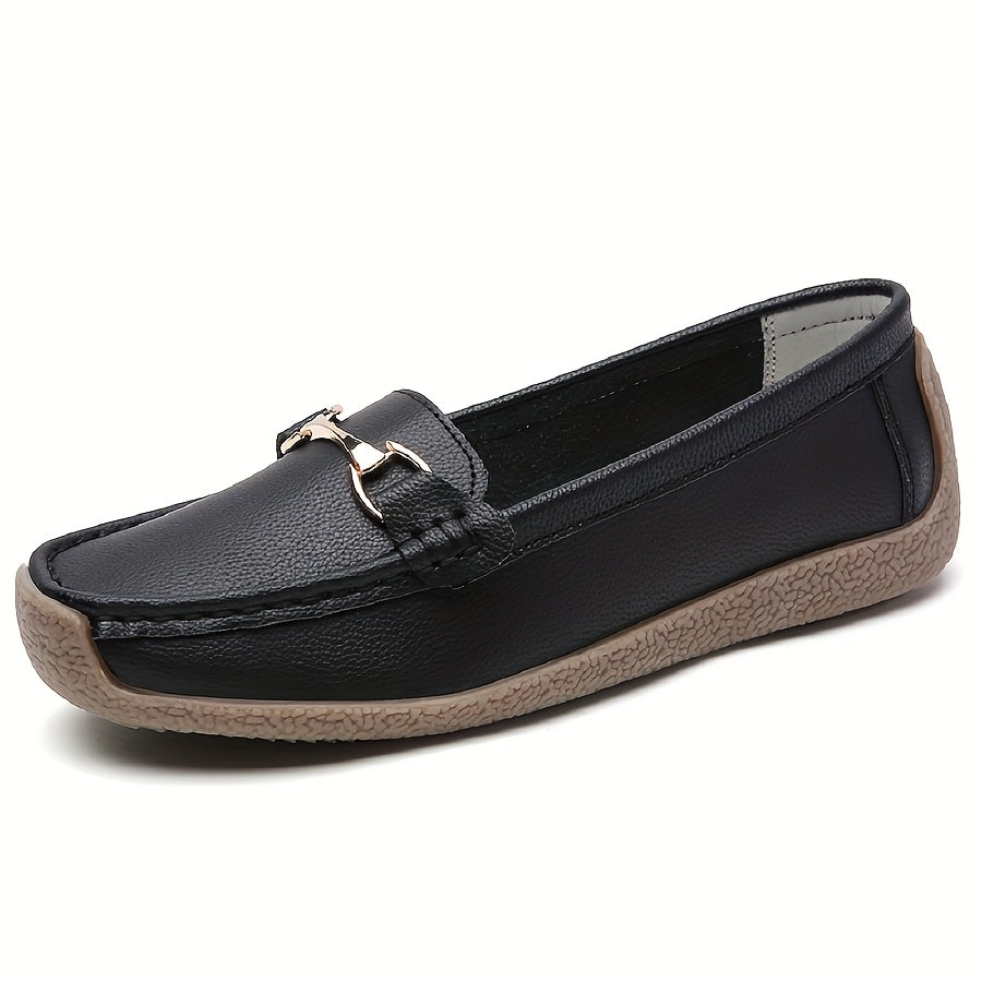 Women's Casual Brown Faux Leather Slip-On Loafers with Metal Buckle
