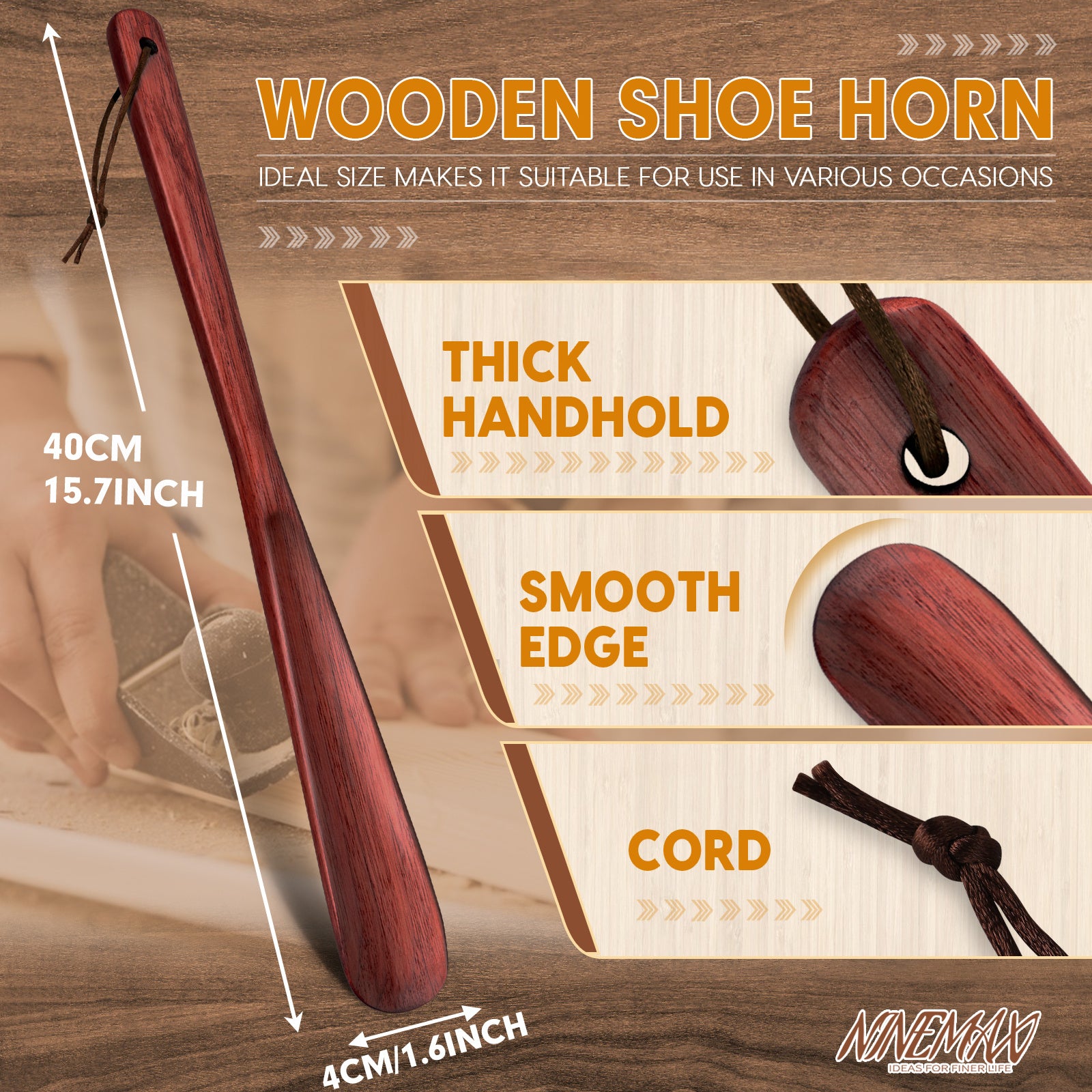 Long Handle Shoe Horn 40cm Ironwood Non-Slip Grip Senior Footwear Aid