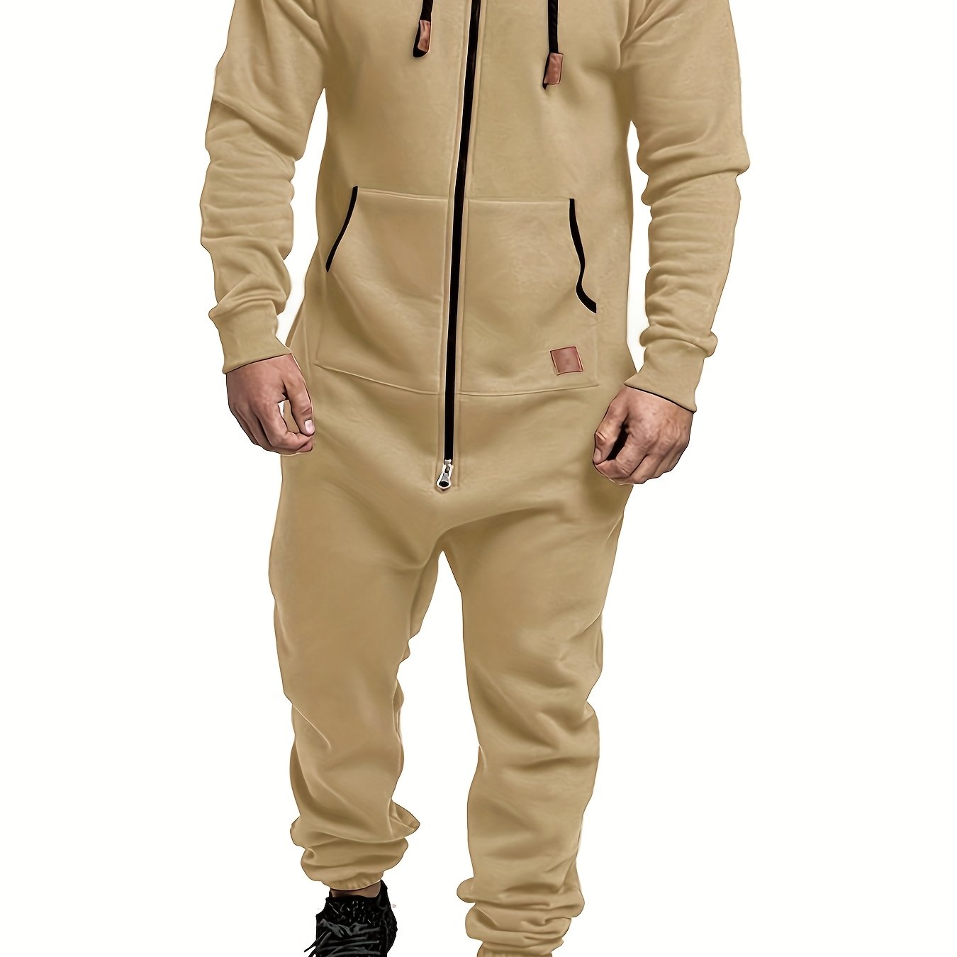 Men's Winter Pajama Jumpsuit Solid Long Sleeve Knit Polyester Hooded Pockets Comfortable Lounge Wear