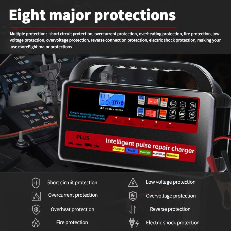 12V 24V Car Battery Charger with Digital Display Automatic High Power Quick Charge EU Plug