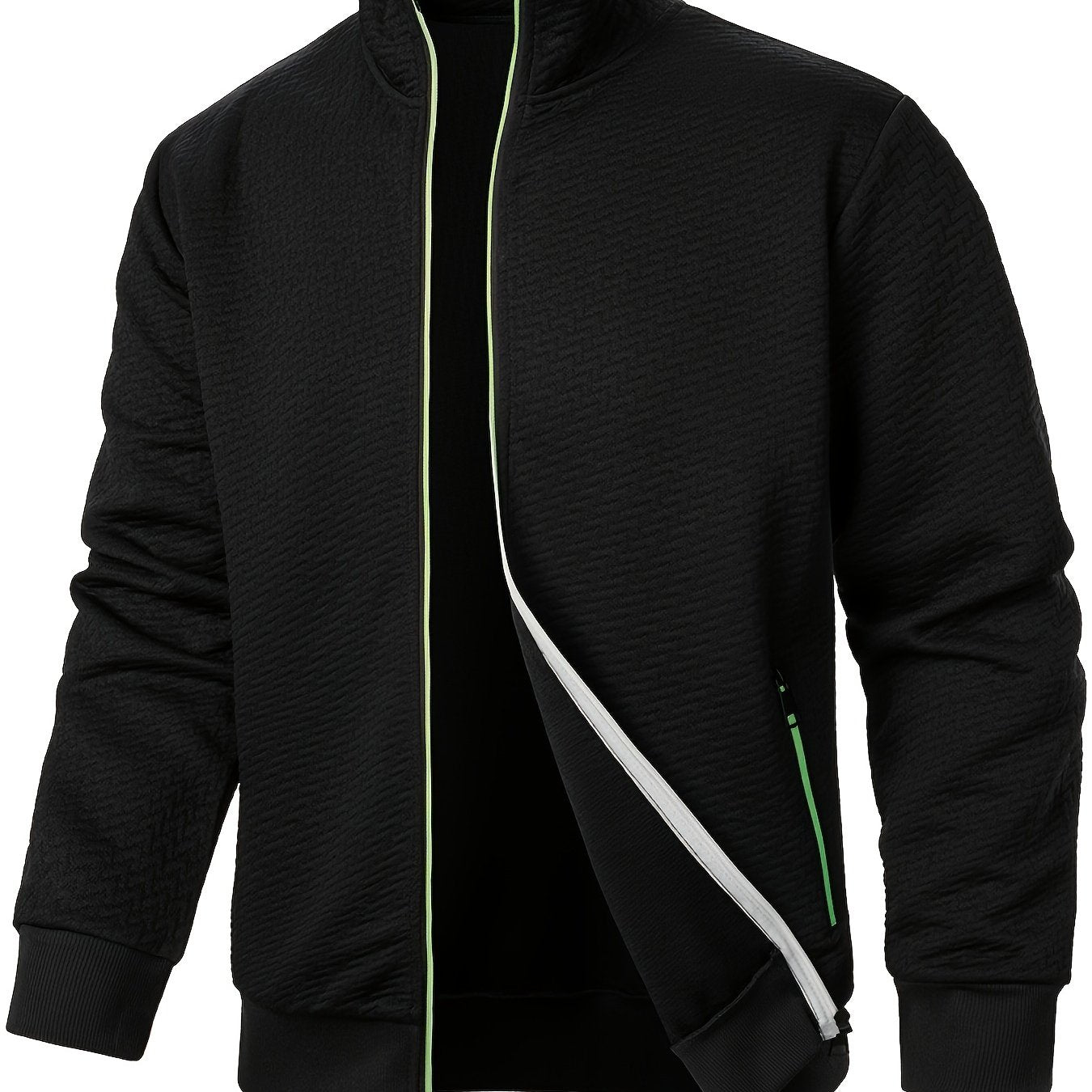 Men's Polyester Jacquard Zip Up Jacket with Stand Collar and Hoodie for Spring Fall Winter