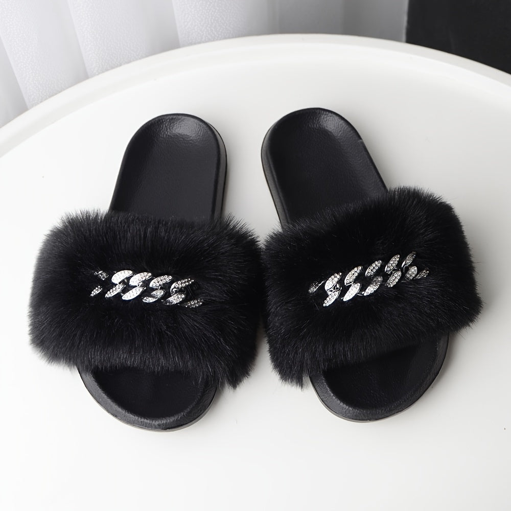 Women's Rhinestone Chain Flat Sandals Faux Fur Summer Casual Slides