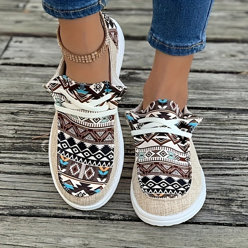 Women's Canvas Sneakers Casual Low Top Flat Shoes Lightweight Geometric Pattern