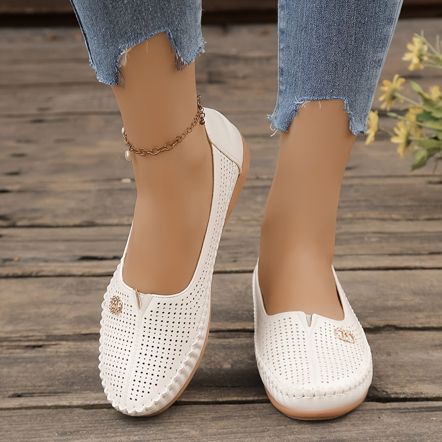 Women's Flat Loafers Slip-On Breathable Perforated TPR Sole All-Season Shoes