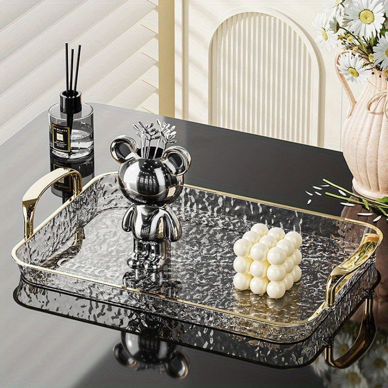 Golden Rimmed Rectangular Serving Trays Set Large Transparent Plastic with Handles for Fruits Snacks Pastries