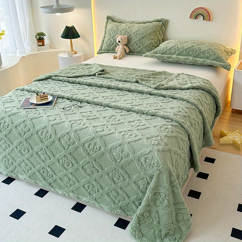 Fleece Bed Blanket White Geometric Embroidered All-Season Polyester 3D Embroidery