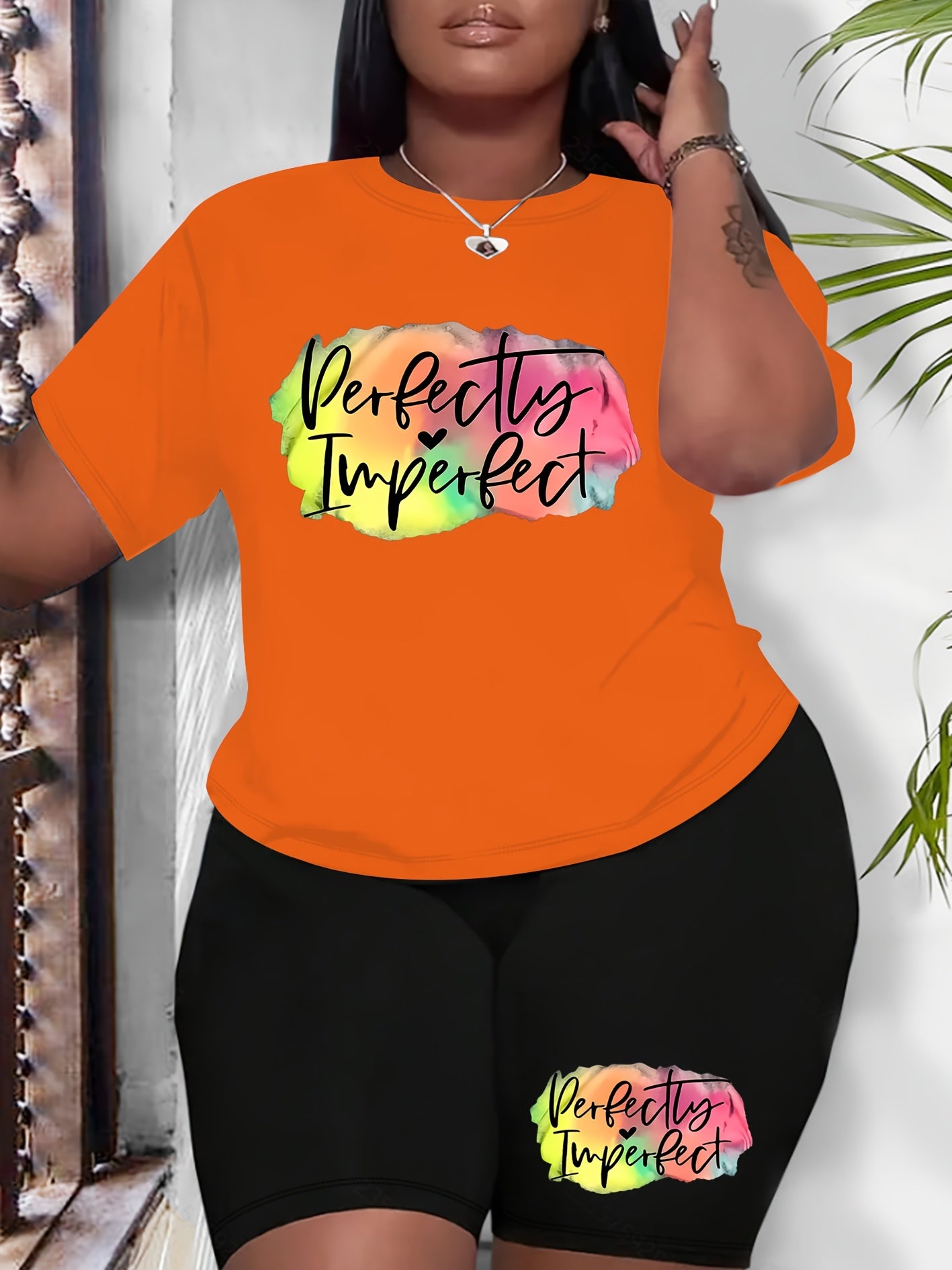 Plus Size Women's Tracksuit Set Short Sleeve Top High-Waisted Shorts Comfortable Spring Summer Fall