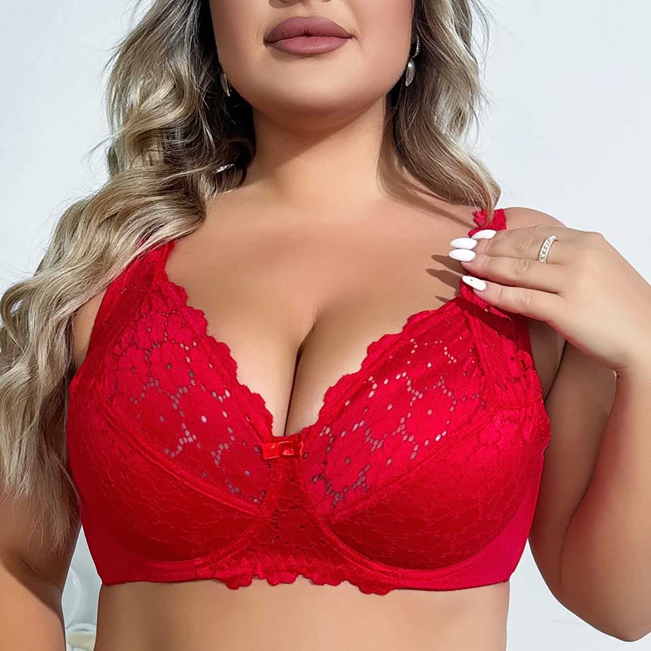Plus Size Women's Underwire Bra with Bow Detail Non-Padded Knit Polyamide Elastane