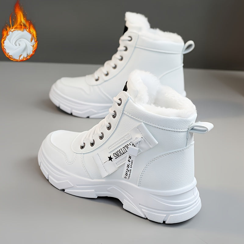 Women's Faux Leather Mid-Top Sneakers with Thick Platform Sole Beige Cold Weather Shoes