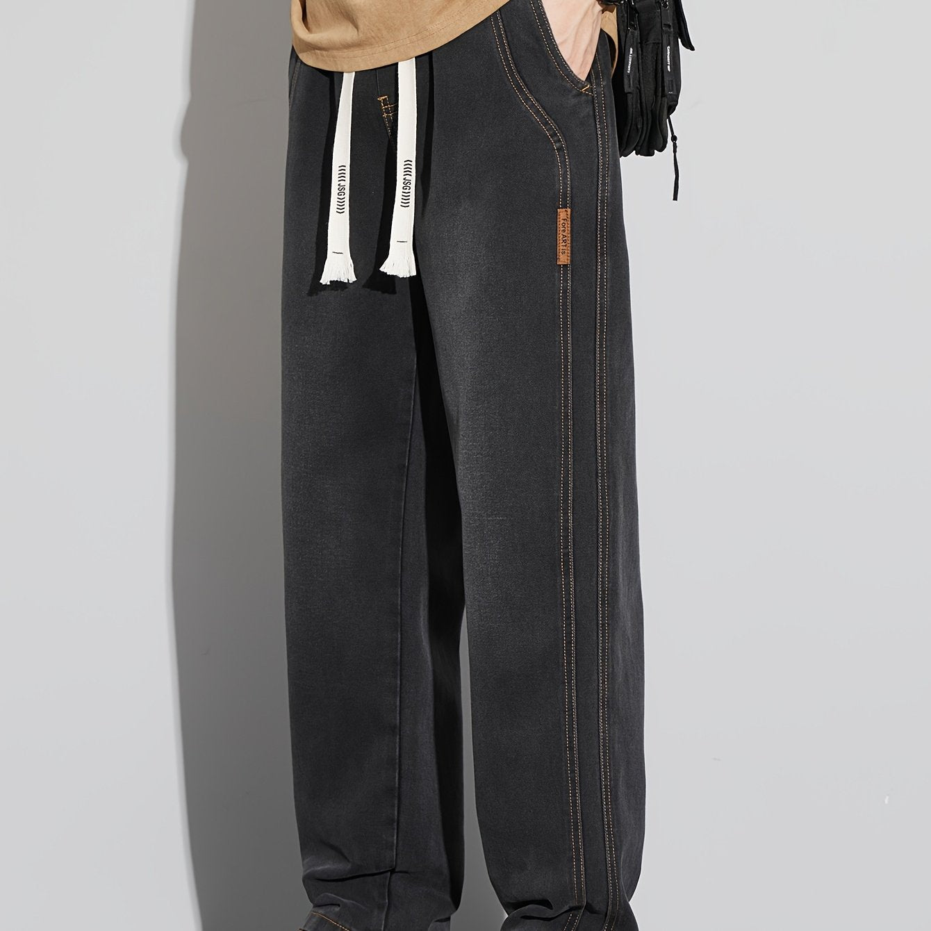 Мужские повседневные джинсы из денима свободного кроя с средней посадкой, на шнурке, для всех сезонов, из хлопково-полиэфирной смеси, однотонные