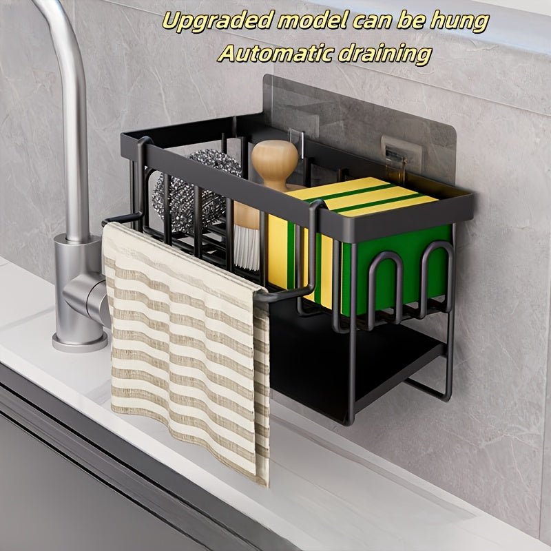 Organizador de fregadero de cocina con soporte para toallas, soporte para esponjas de metal, soporte para jabón y drenaje automático