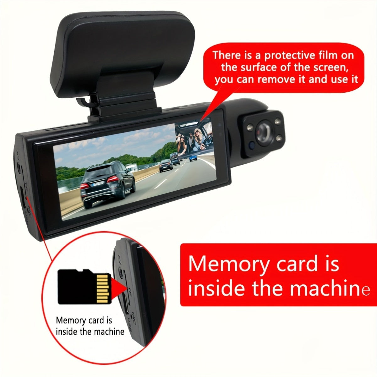 Dual-Channel 3.16-Inch Car Dash Cam Front and Interior Recording