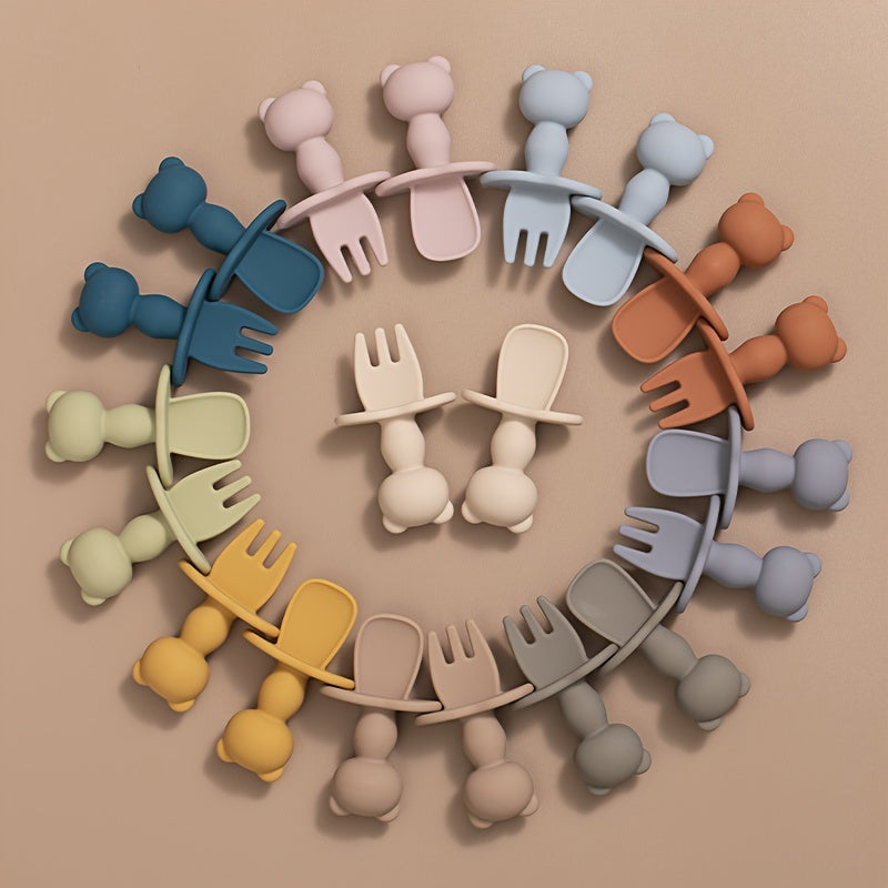 Juego de alimentación para bebé de 2 piezas, tenedor y cuchara de silicona Panda, suave, libre de BPA, vajilla para niños pequeños