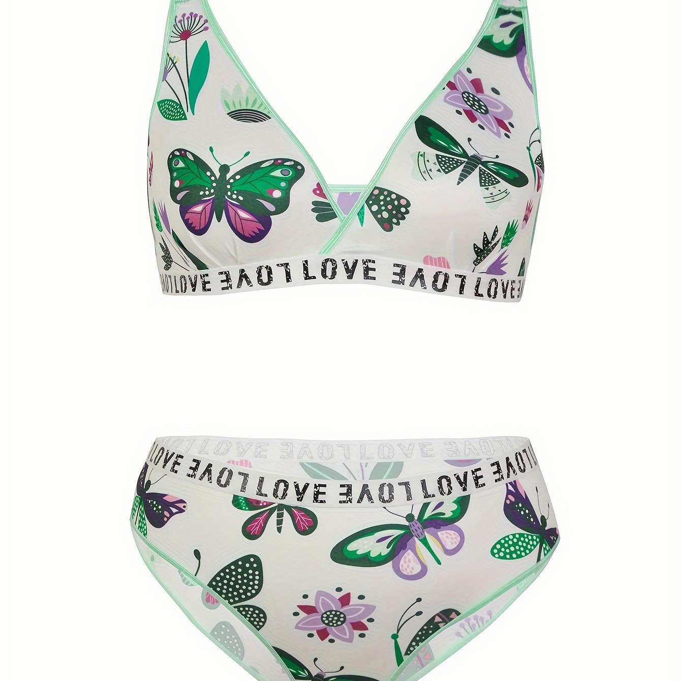 Plus Size Sexy Lingerie Set Butterfly Print Wirefree Bra and Panty