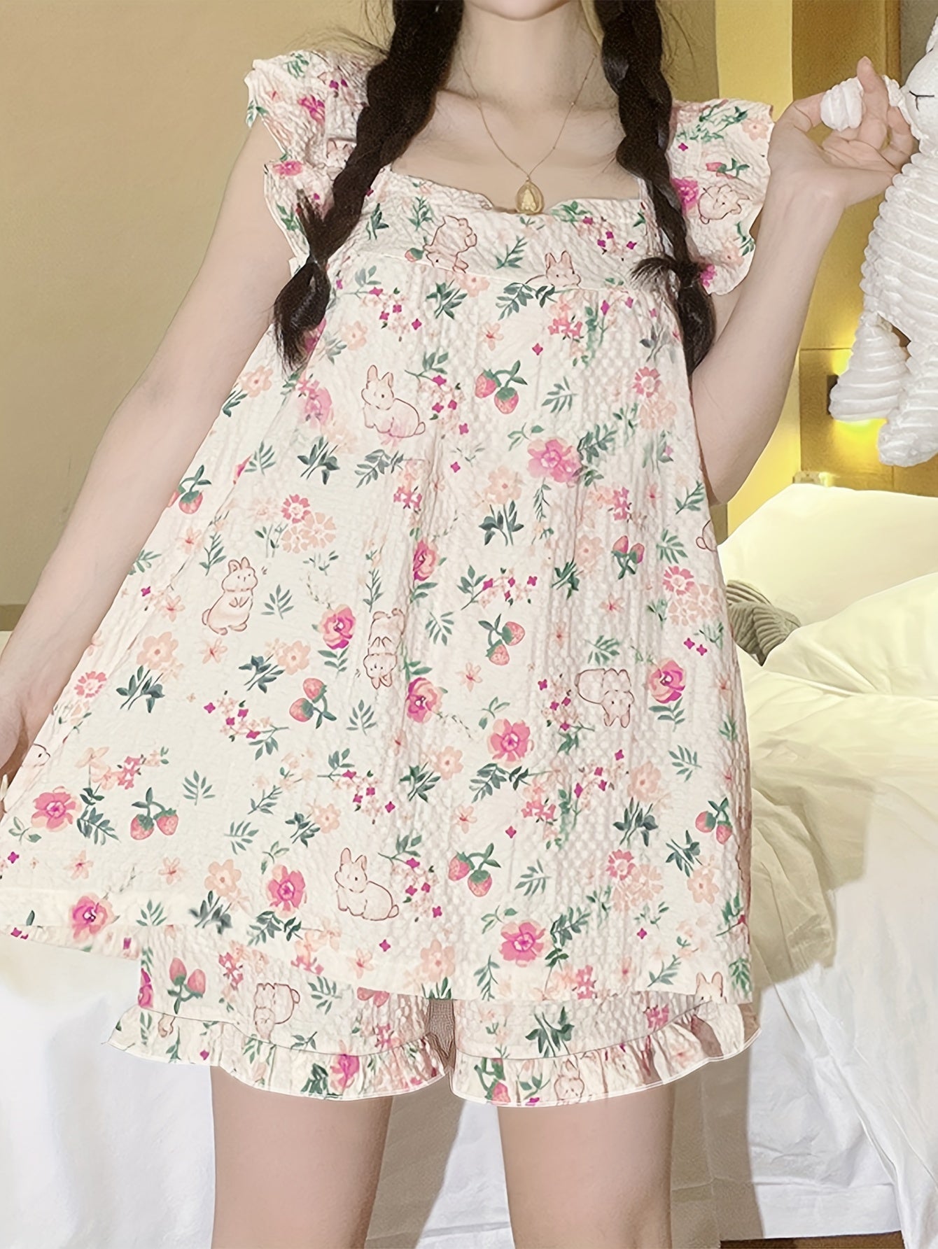 Women's Summer Loungewear Set with Ruffle Sleeve Top and Elastic Shorts Featuring Rabbit and Floral Print
