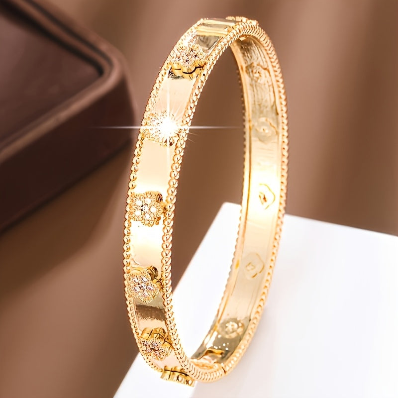 Gold Tone Floral Bangle Bracelet with Cubic Zirconia for Daily Wear and Festivals