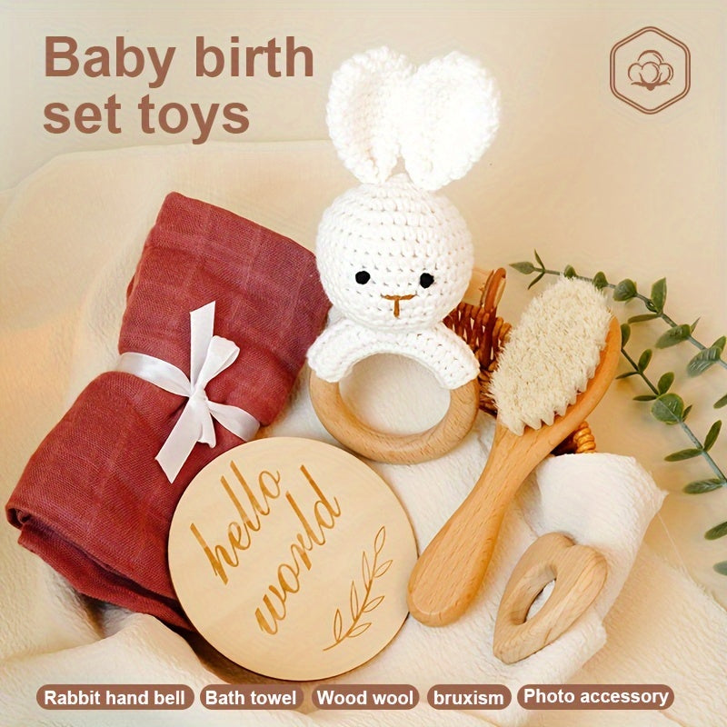 Baby Gift Set with Organic Cotton Bamboo Towel Wooden Rattle Wool Brush for Newborns 0-3 Years