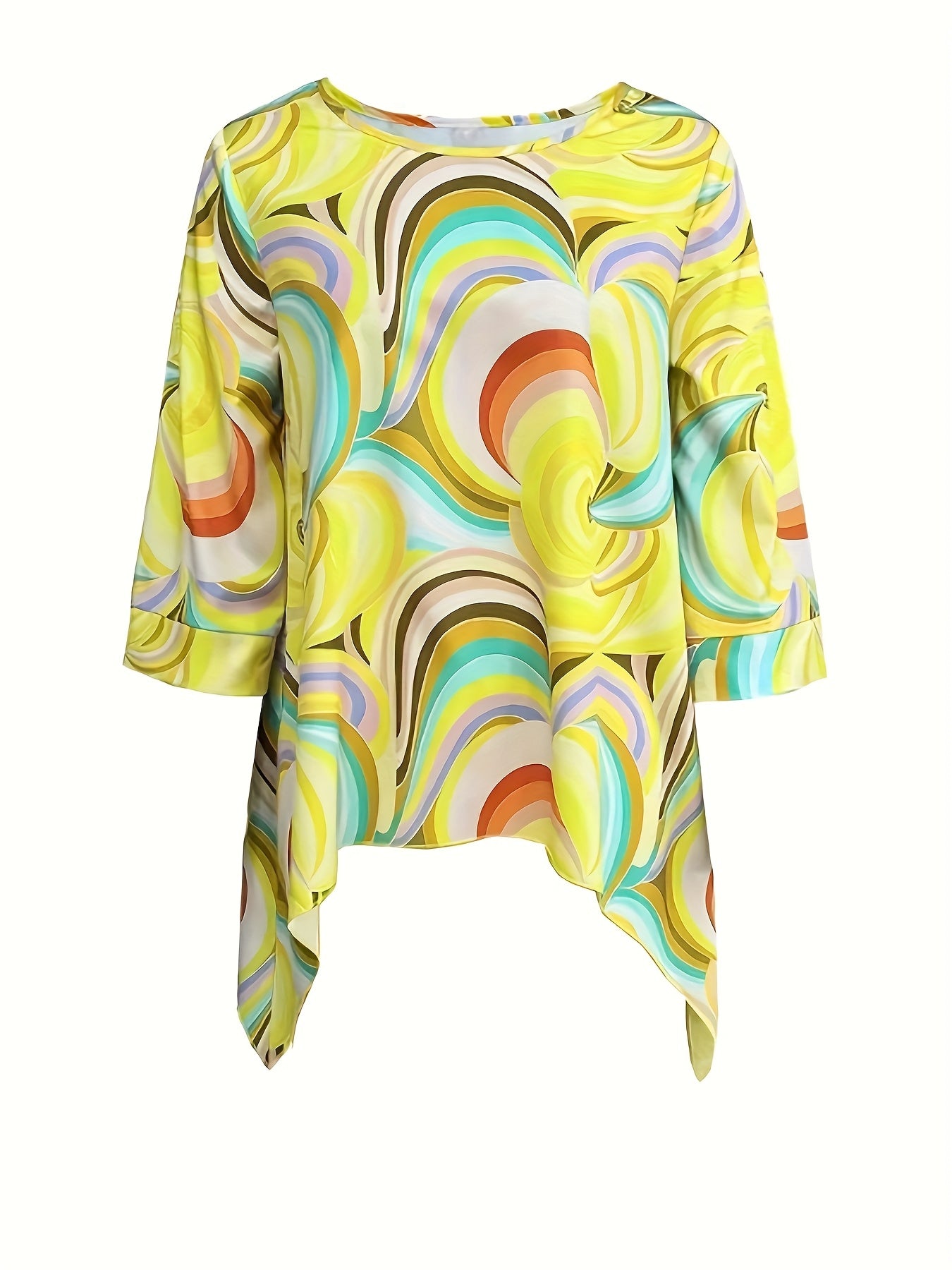 Plus Size Women's Summer T-Shirt Breathable Abstract Print Yellow Casual Top