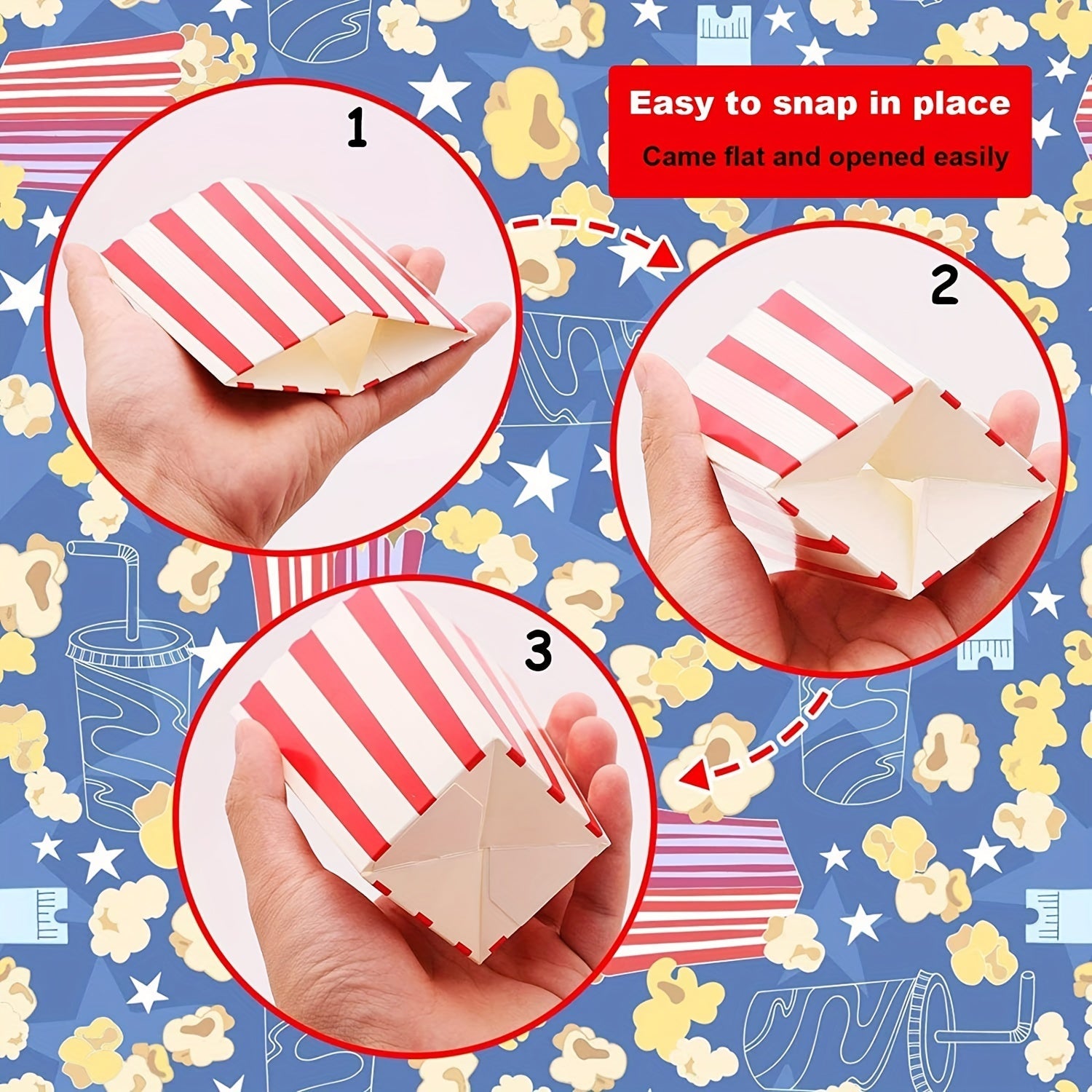 100 Disposable Red and White Popcorn Boxes 2.27oz for Movie Theater Carnival