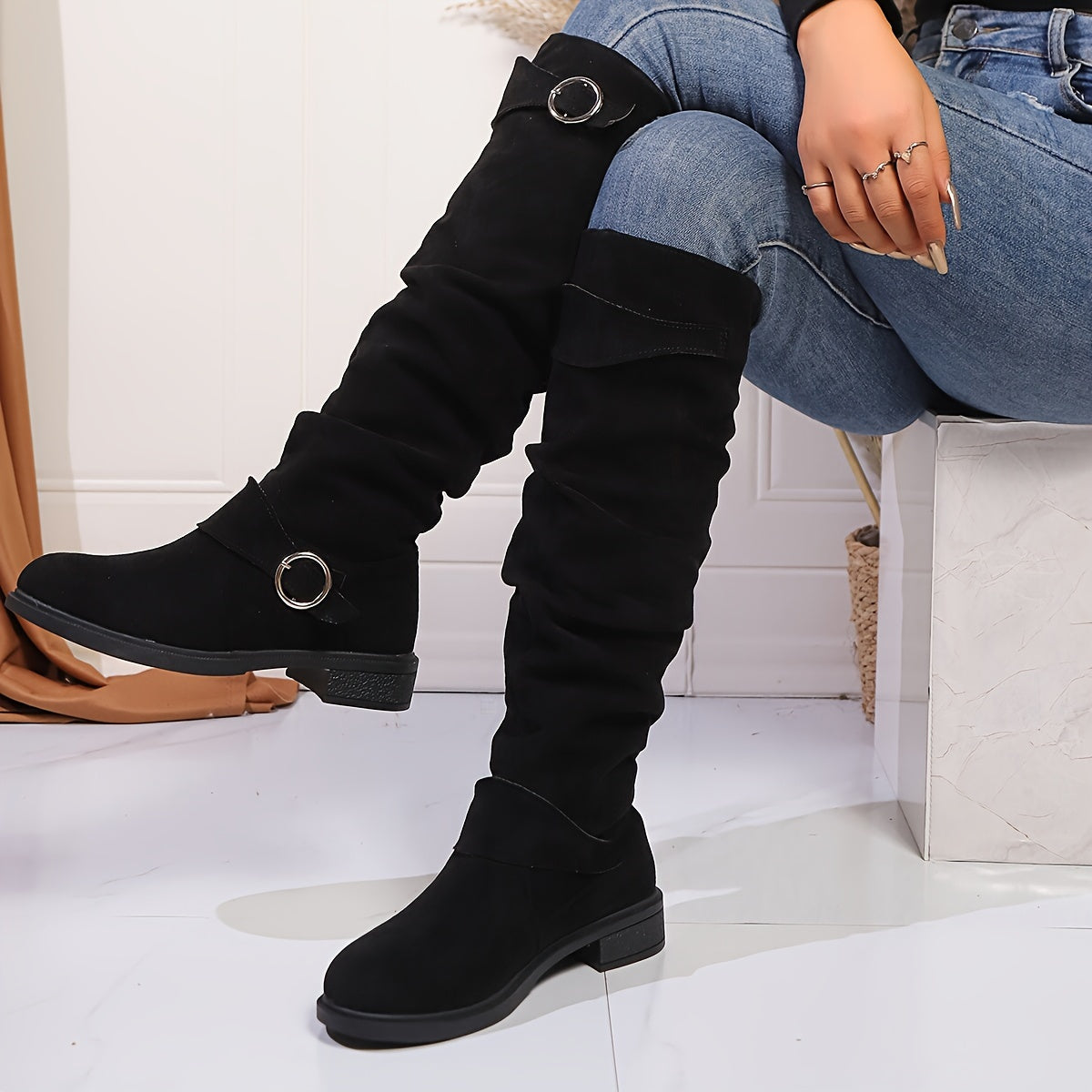 Women's Velvet Knee-High Boots with Buckle, Solid Color, Low Heel