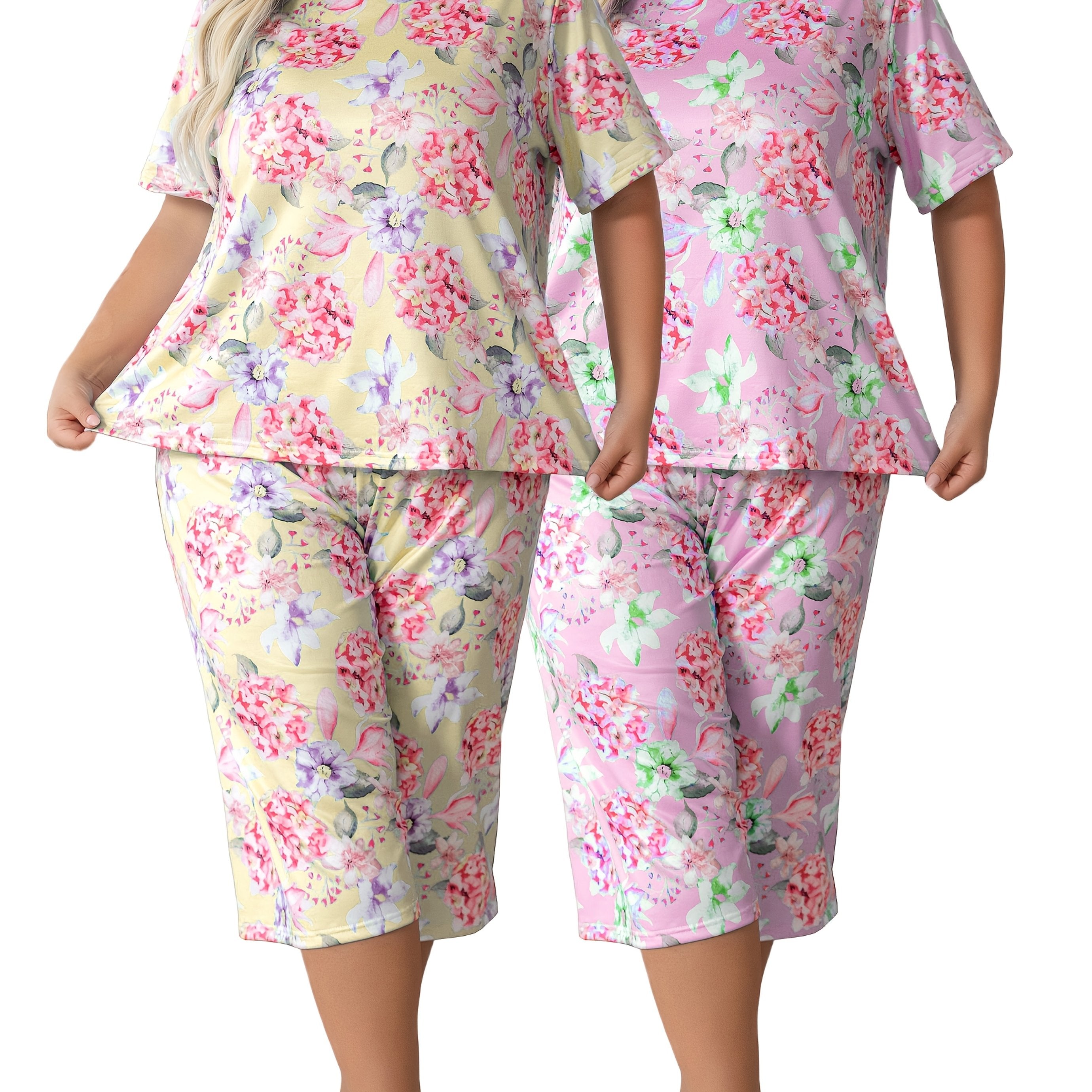 Plus-Size Floral Print Short-Sleeve and Three-Quarter Loungewear Set Comfortable