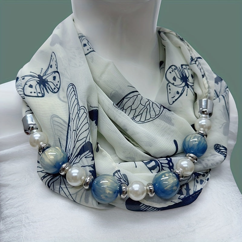 Beaded Necklace Scarf Women’s Chiffon Imitation Ceramic Beads Infinity Accessory
