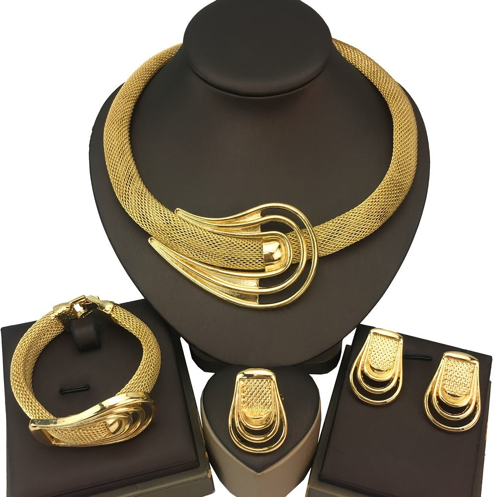 Gold Plated Jewelry Set with Earrings Necklace Bracelet Ring for Parties