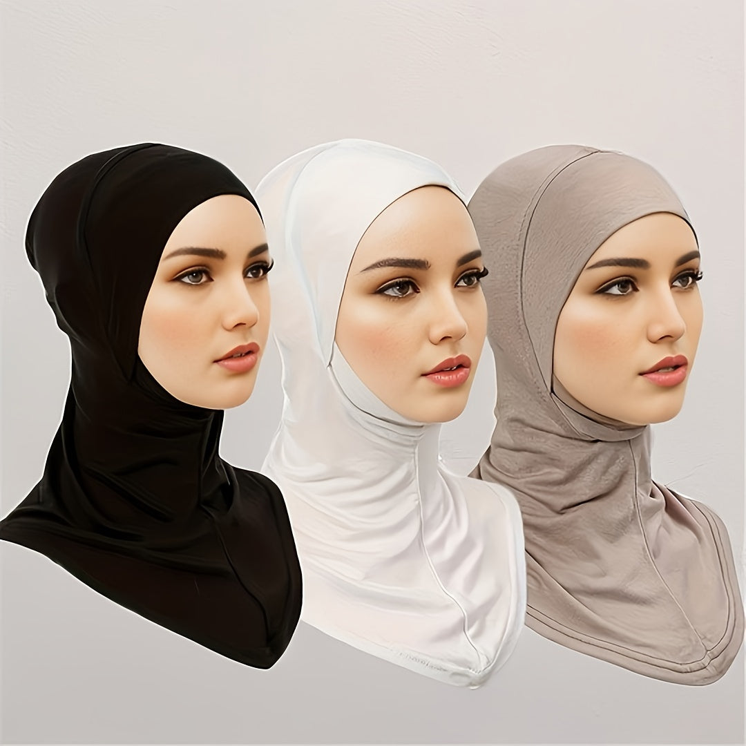 Women’s Elastic Modal Hijab Caps Pack of 3 Breathable Polyester Solid Color Head Wraps with Snap Closure