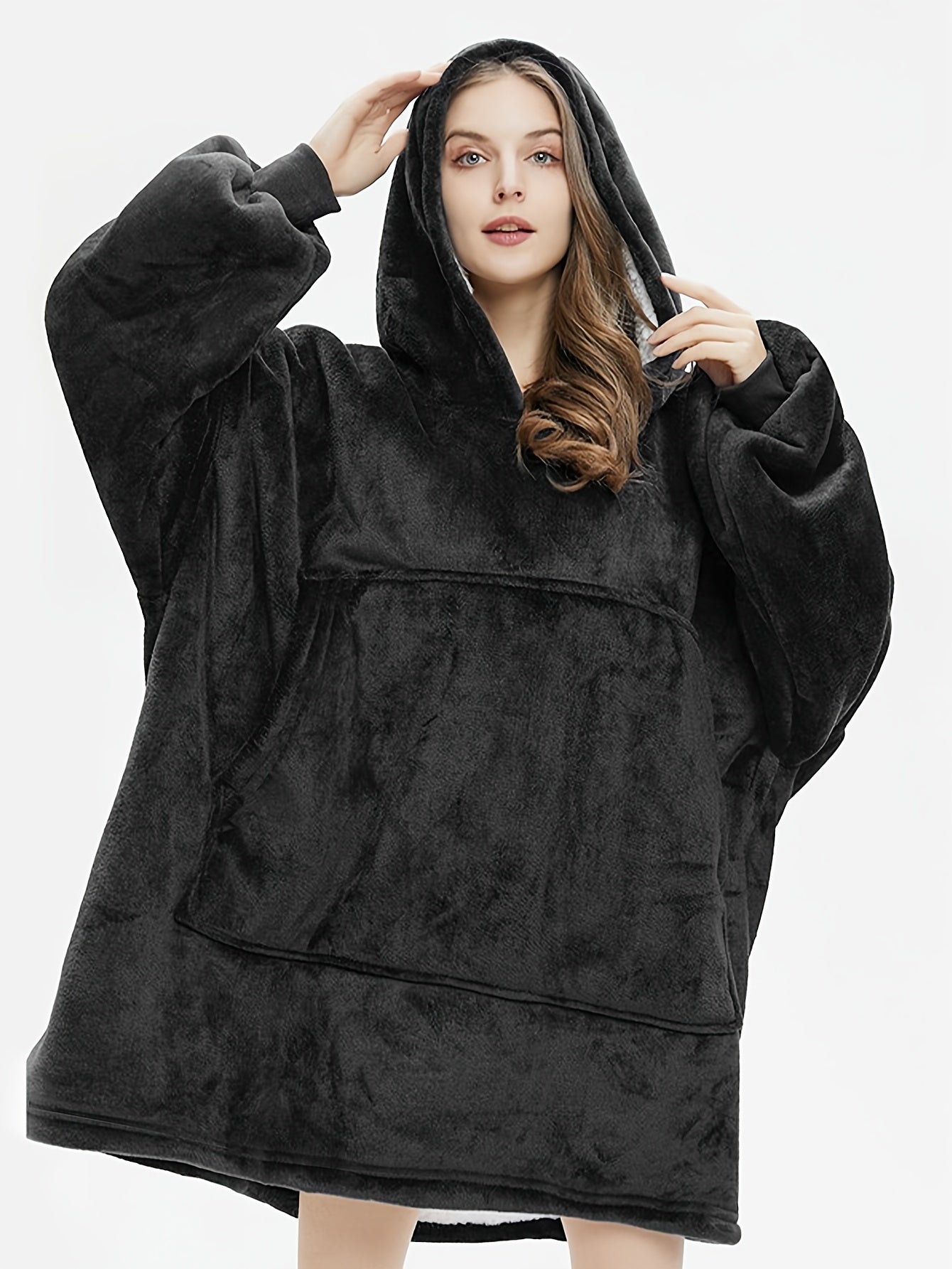 Women's Navy Blue Fleece Hooded Lounge Robe Warm Long Sleepwear