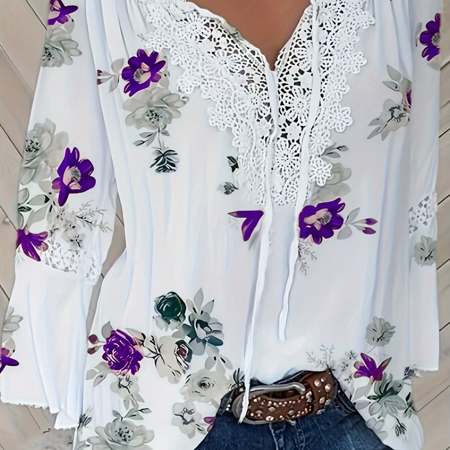 Plus Size Floral Print Blouse Lace Ruffle Neck Casual Top