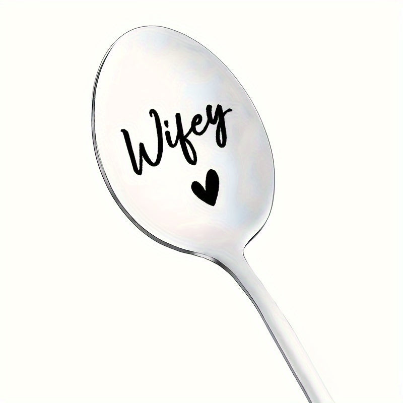 Polished Stainless Steel Coffee Spoon with Engraved Hubby Wifey for Couples Gift