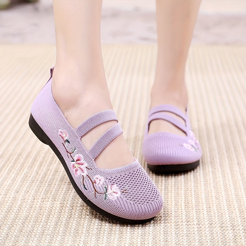 Women's Summer Casual Knit Flats Purple Red Embroidered Floral Lightweight Fabric Sole