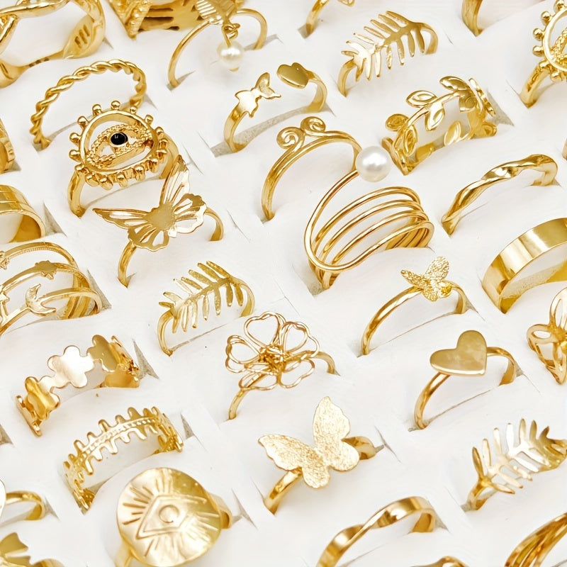50 ta Ayollar uchun Hashamatli Oltin Qotishma Halqalar to'plami - Nafis va Qadimiy Qush va Ilon Dizaynlari bilan - Oddiy kiyim va Maxsus tadbirlar uchun ideal