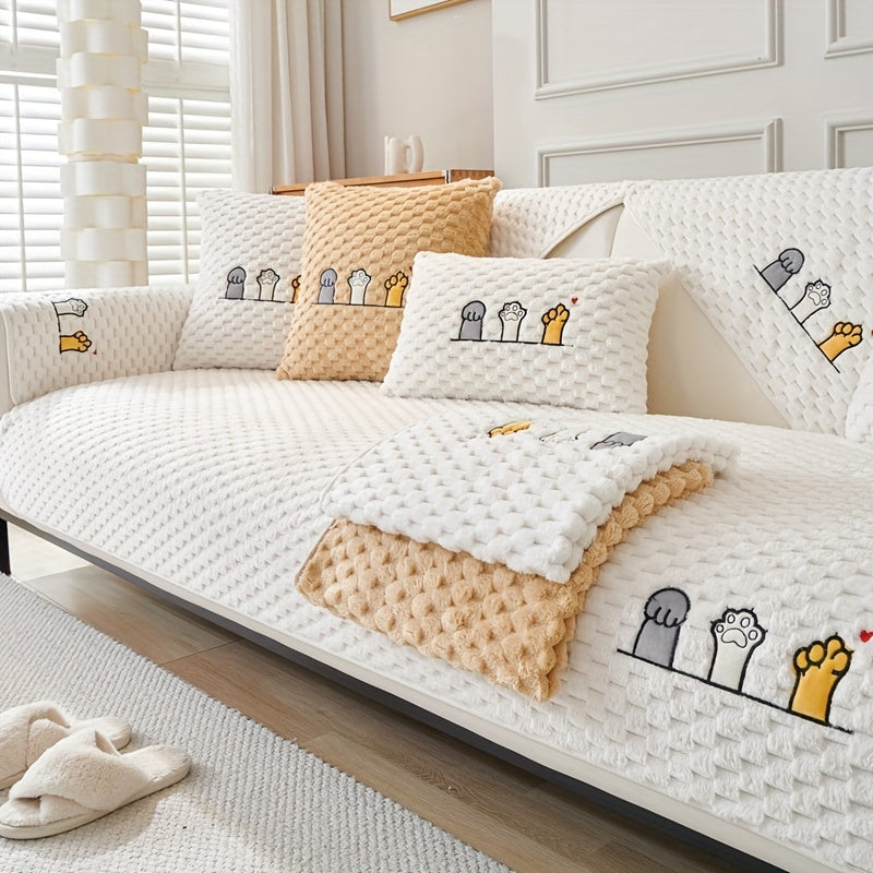 Funda de sofá de terciopelo con bordado de perro de dibujos animados, antideslizante, de felpa gruesa, protector de muebles