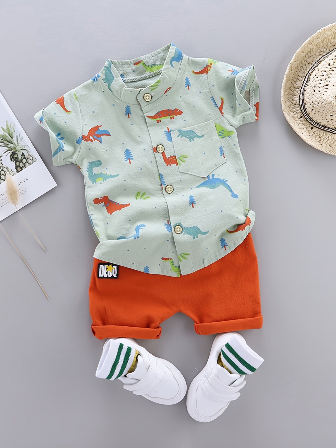 Toddler Boys' Cotton Dinosaur Print Short Sleeve Shirt and Elastic Waist Shorts Set