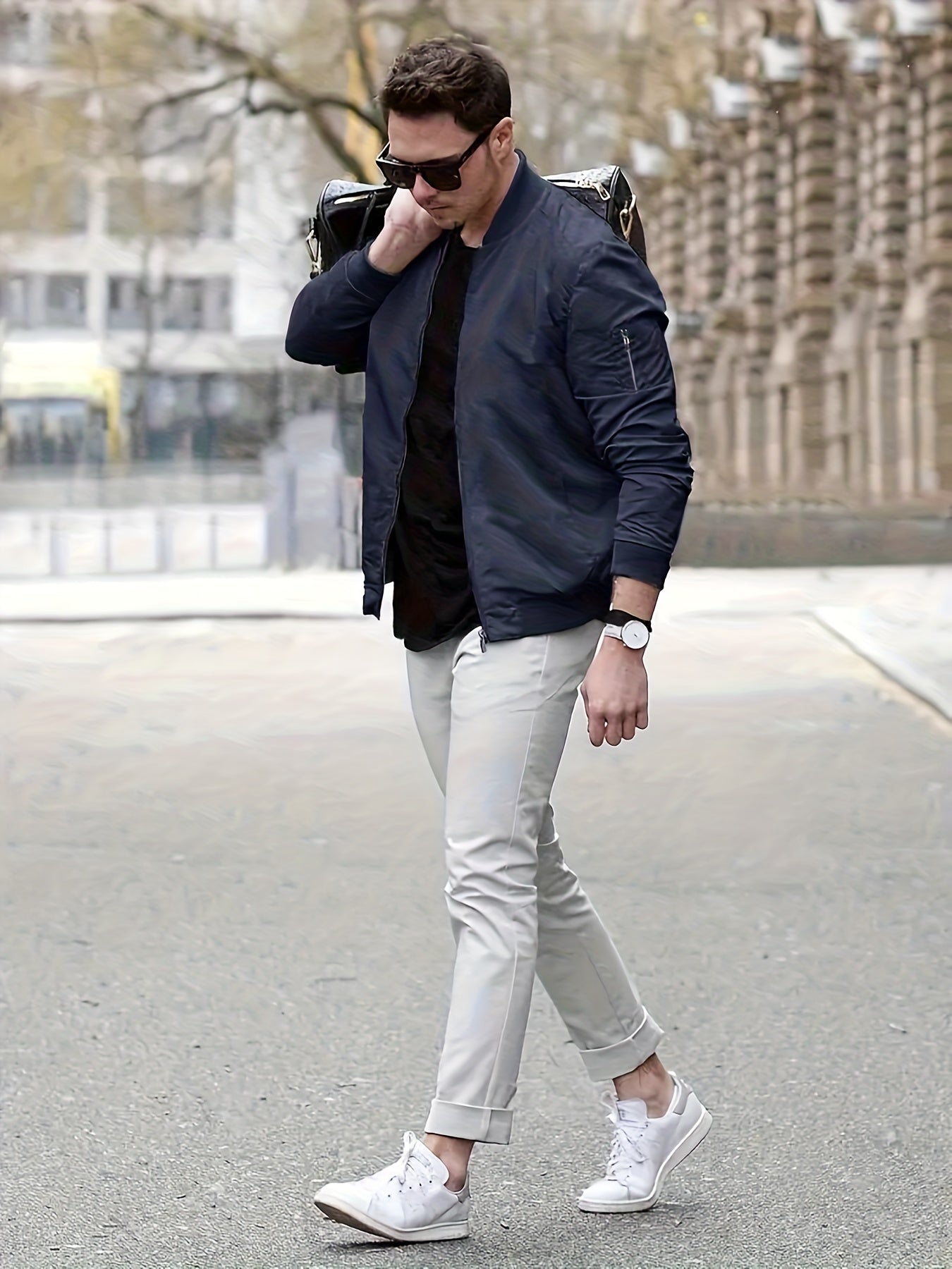 Men's Beige Bomber Jacket with Zipper Stand Collar Ribbed Cuffs and Stretch Fabric for Spring Fall Outdoor Activities