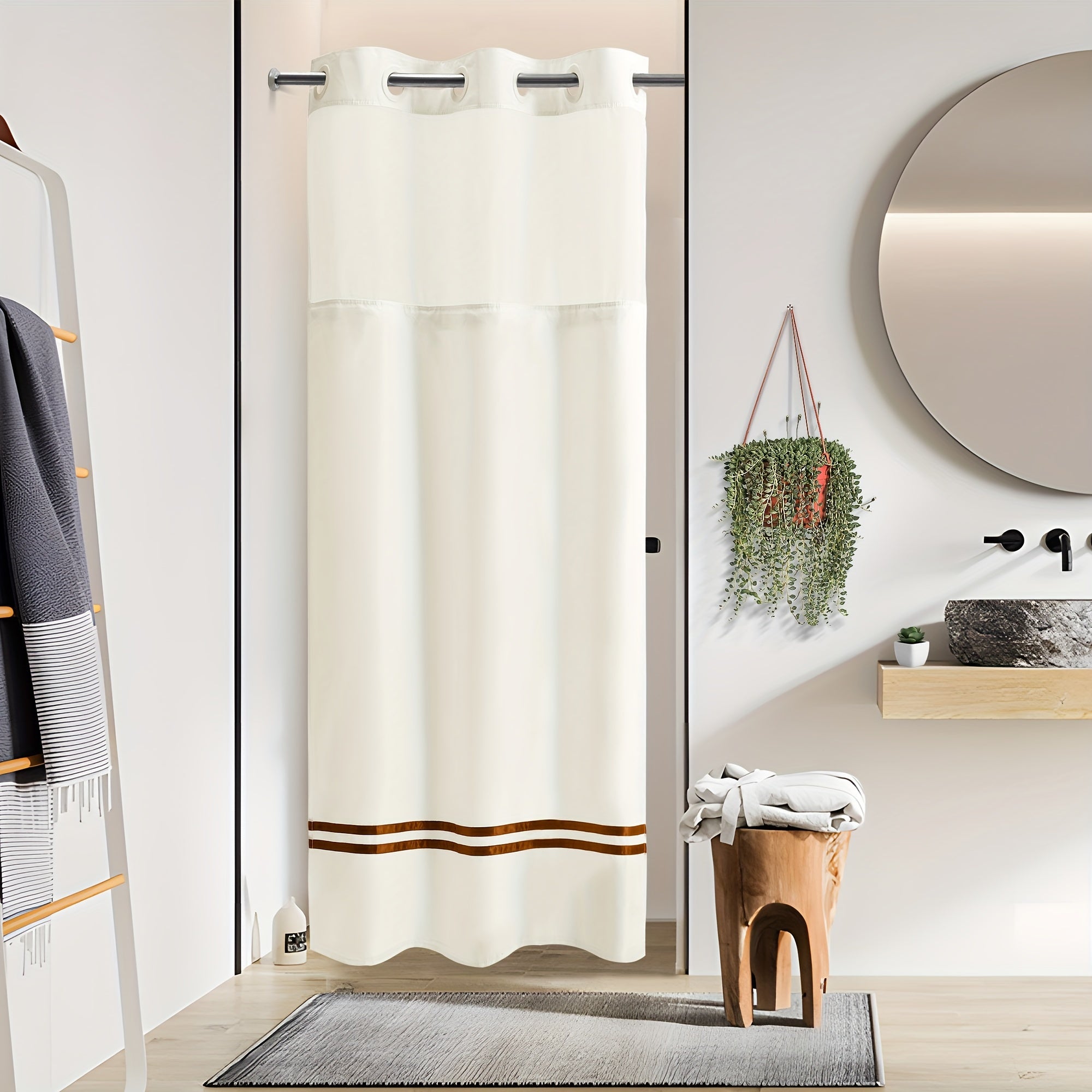 Chiziqli dush pardasi, snap-in astar bilan, tutqichlar talab qilinmaydi, mashinada yuvish mumkin, shaffof yuqori deraza bilan birga. Hammom bo'linmasi va aksessuarlar uchun ideal.