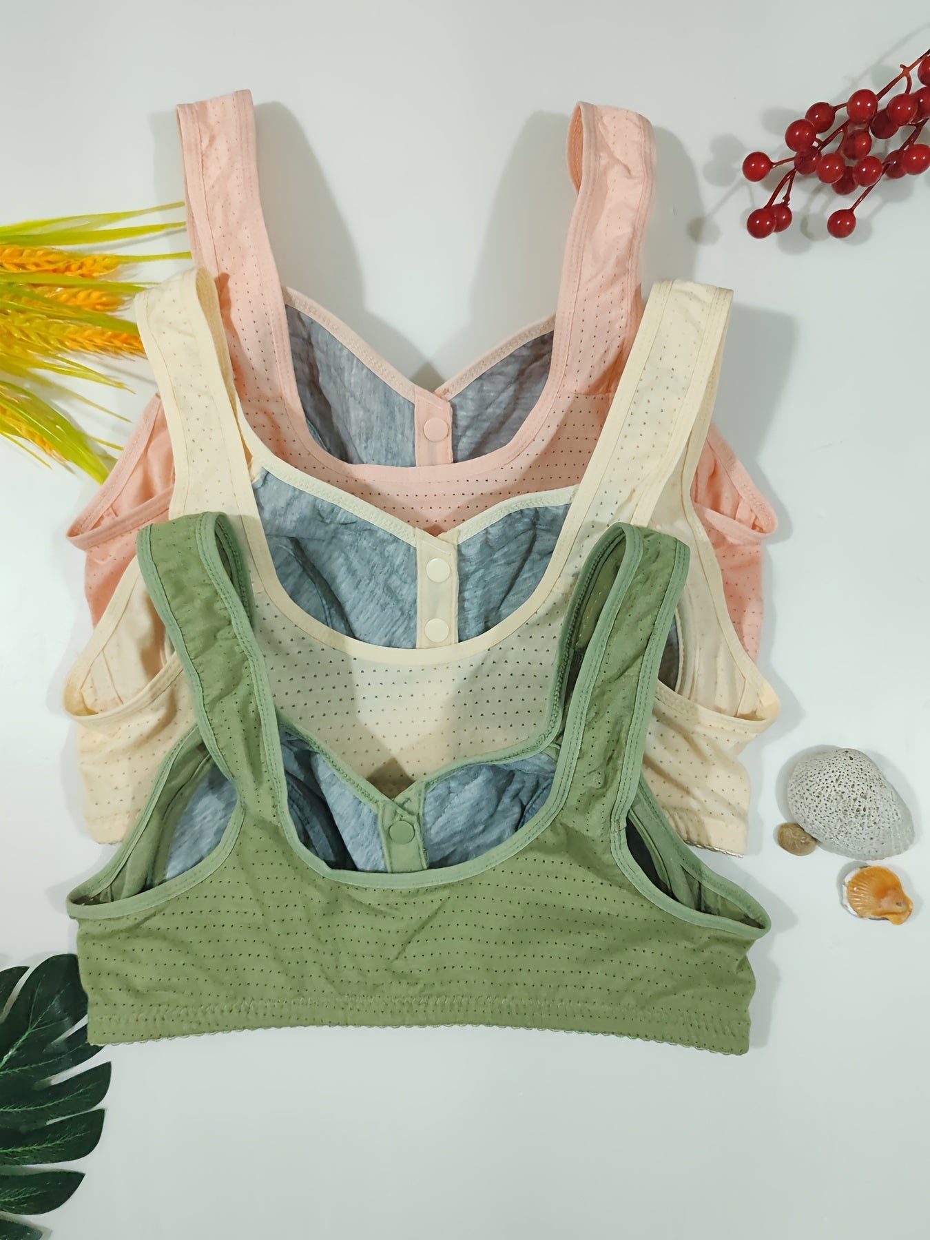 Women's Floral Print Wireless Bra Set with Front Buttons and Adjustable Straps