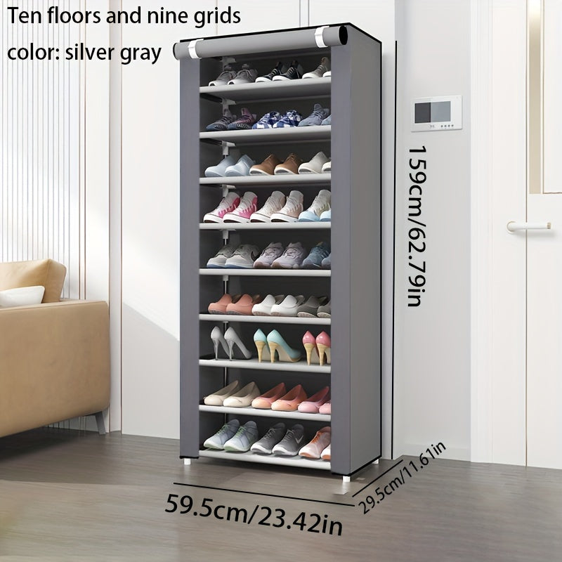 Metal Shoe Rack with Dustproof Cover Vertical Storage Easy Assembly Grey 68.58cm