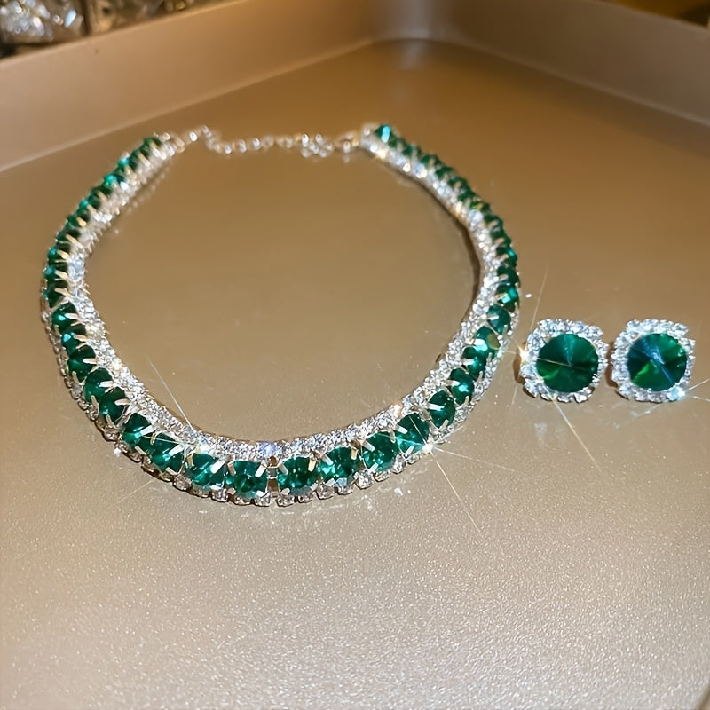 Emerald Crystal Jewelry Set for Women Necklace and Earrings Silver Plated Party Everyday