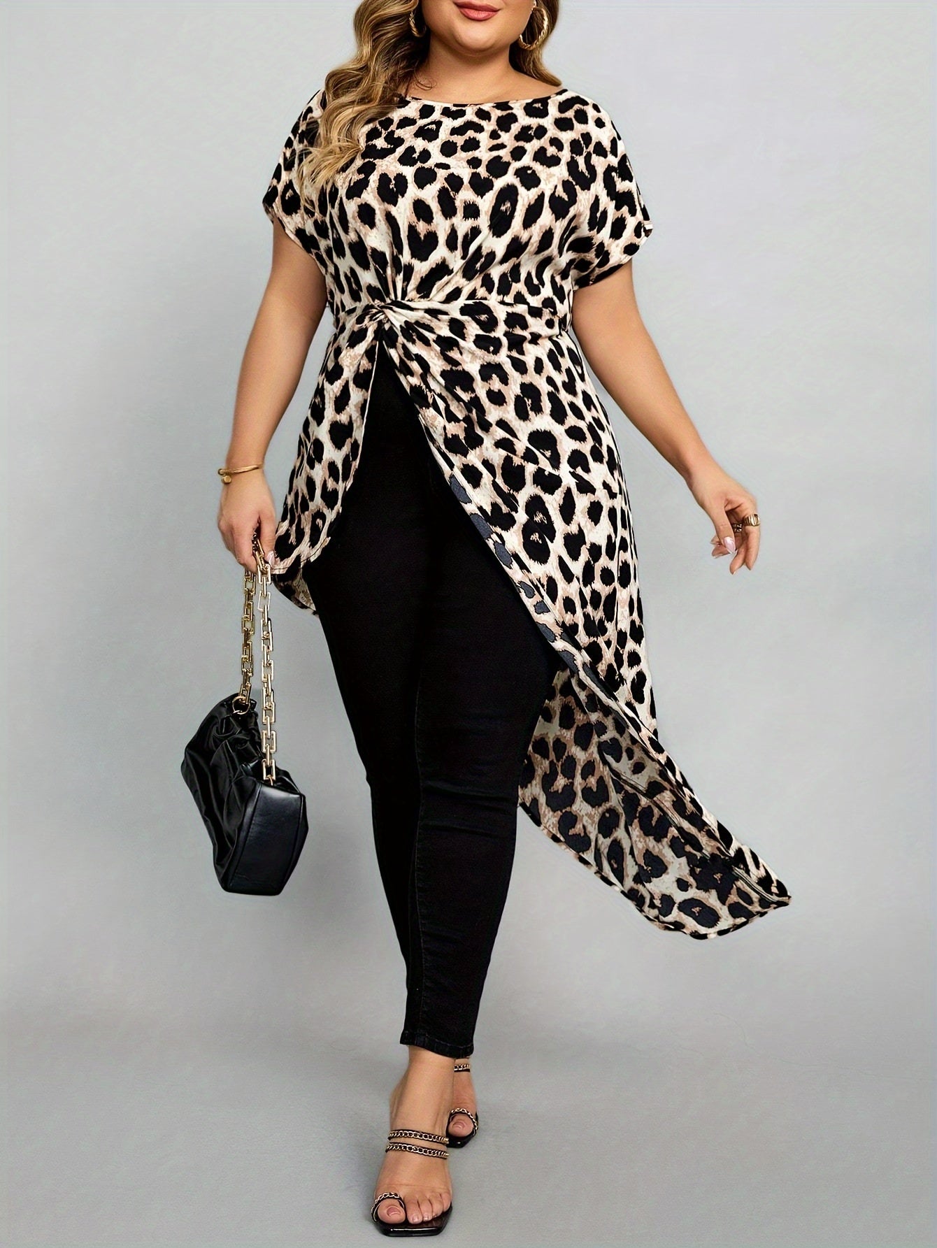Plus Size Leopard Print Crew Neck Blouse Short Sleeve Asymmetrical Spring Summer Women
