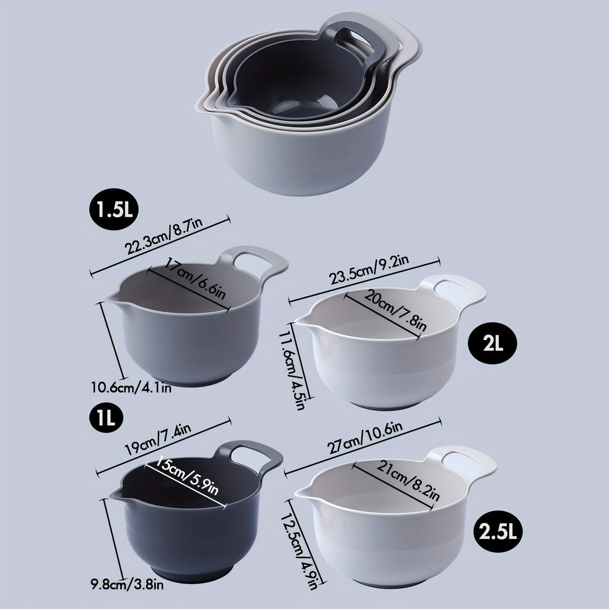 Set of 4 Plastic Mixing Bowls with Non-Slip Base, Multi-Purpose Kitchen Prep and Rinse Bowls in Various Sizes